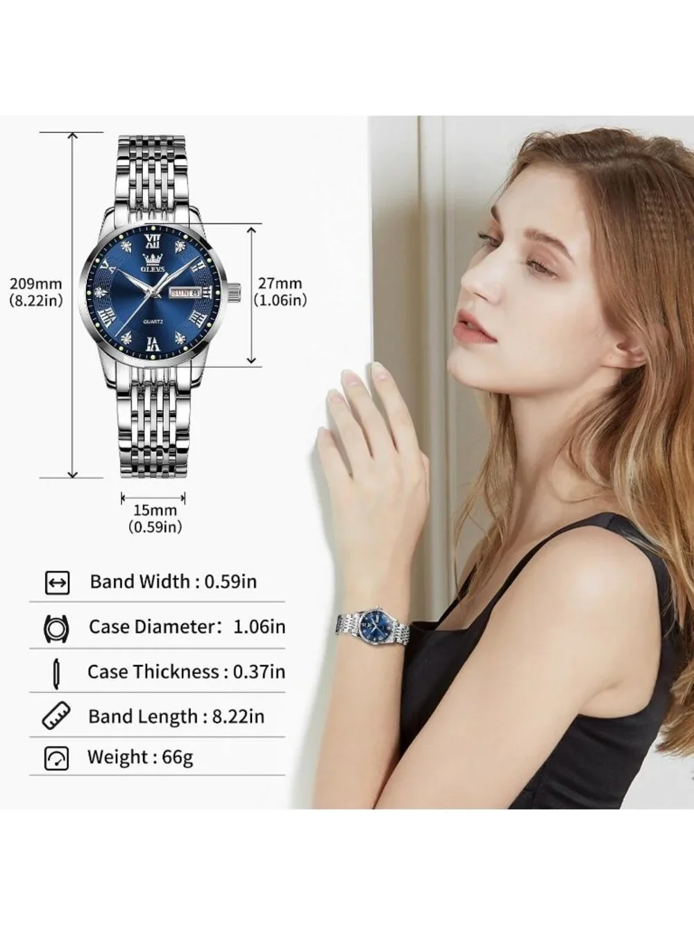 Women’s Silver Blue Stainless Steel Elegant 3ATM Waterproof Quartz Dress Watch